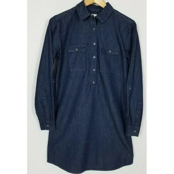 Ann Taylor LOFT Women's Small Dark Blue Denim Long Roll Tab Sleeve Dress Tunic Ann Taylor LOFT Women's Small Dark Blue Denim Long Roll Tab Sleeve Dress Tunic